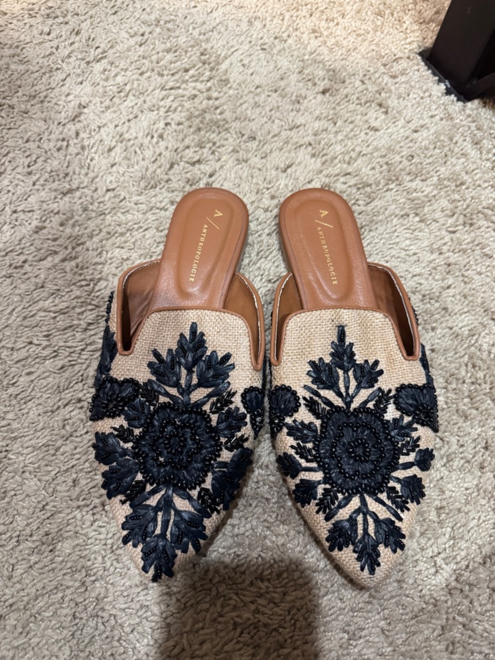 Anthropologie Therese Beige Mules with Black Beaded Floral Appliqué - Picture 2 of 3